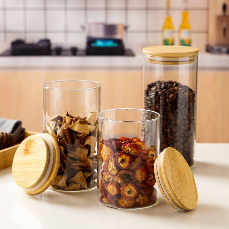 Mutfak Tahıl Saklama için Bambu Kapaklı Yuvarlak Şeffaf Hava Geçirmez Cam Kavanoz