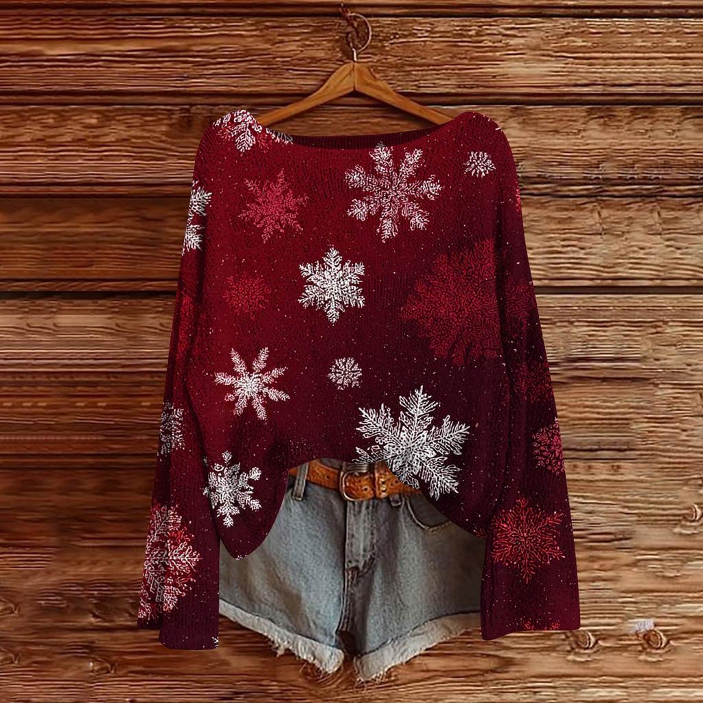 Women's Fashion Christmas Print Lightweight Sweater Casual Long-Sleeve Knit Pullover Top