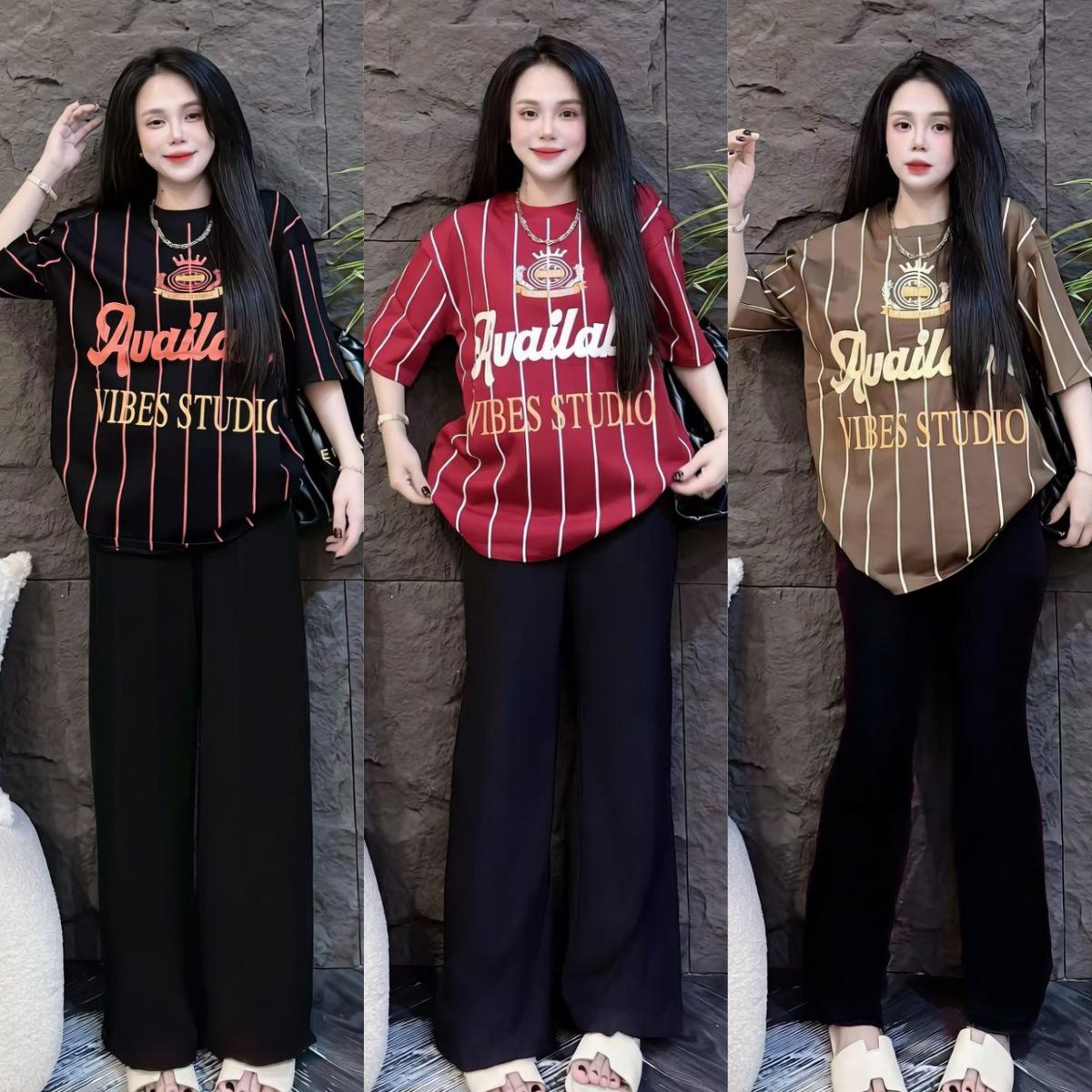 

Southeast Asia Women s Casual Summer Set: Letter Print T-shirt & Loose Slimming Wide-Leg Pants One Size чёрный