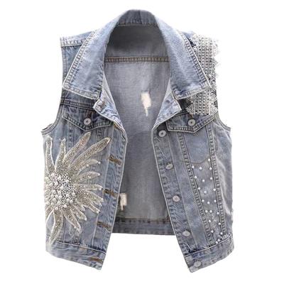Fashion Lace Beaded Denim Vest Women Cardigan Spring  Sleeveless Jacket Fashion Loose Vintage Jeans