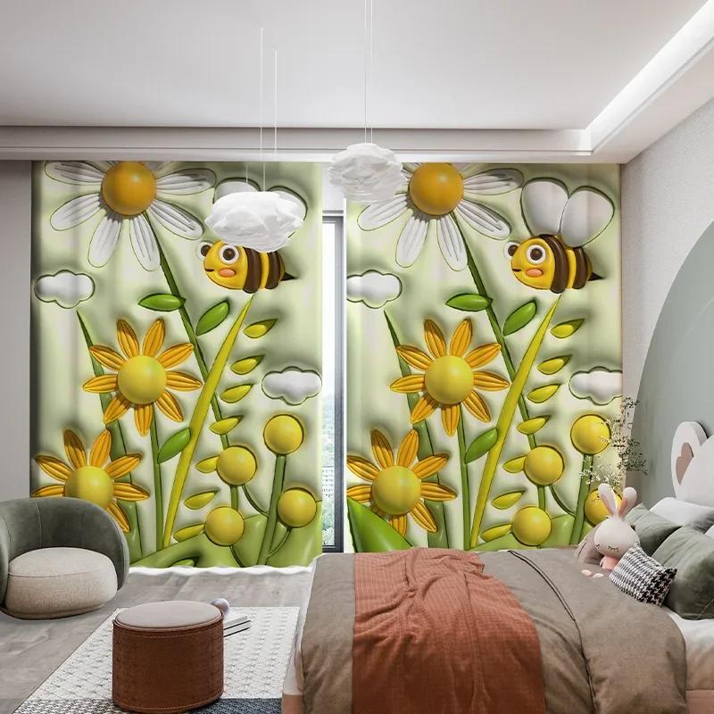 Cartoon Rabbit Clouds High Shading Curtain Fresh Ins 3D Children's Room Bedroom Bay Window Opening Living Room Blackout Curtains featuring Hook4
