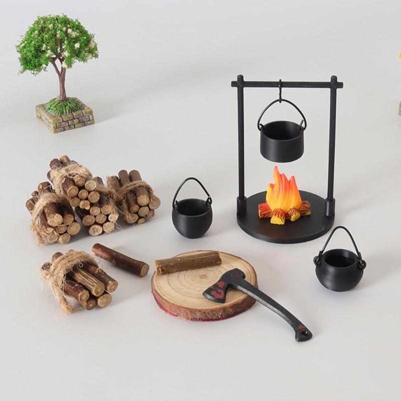 Miniature Outdoor Campfire Set with Iron Pot Firewood Bundle and Tree for 1/12 Scale Model Scene Display Accessories