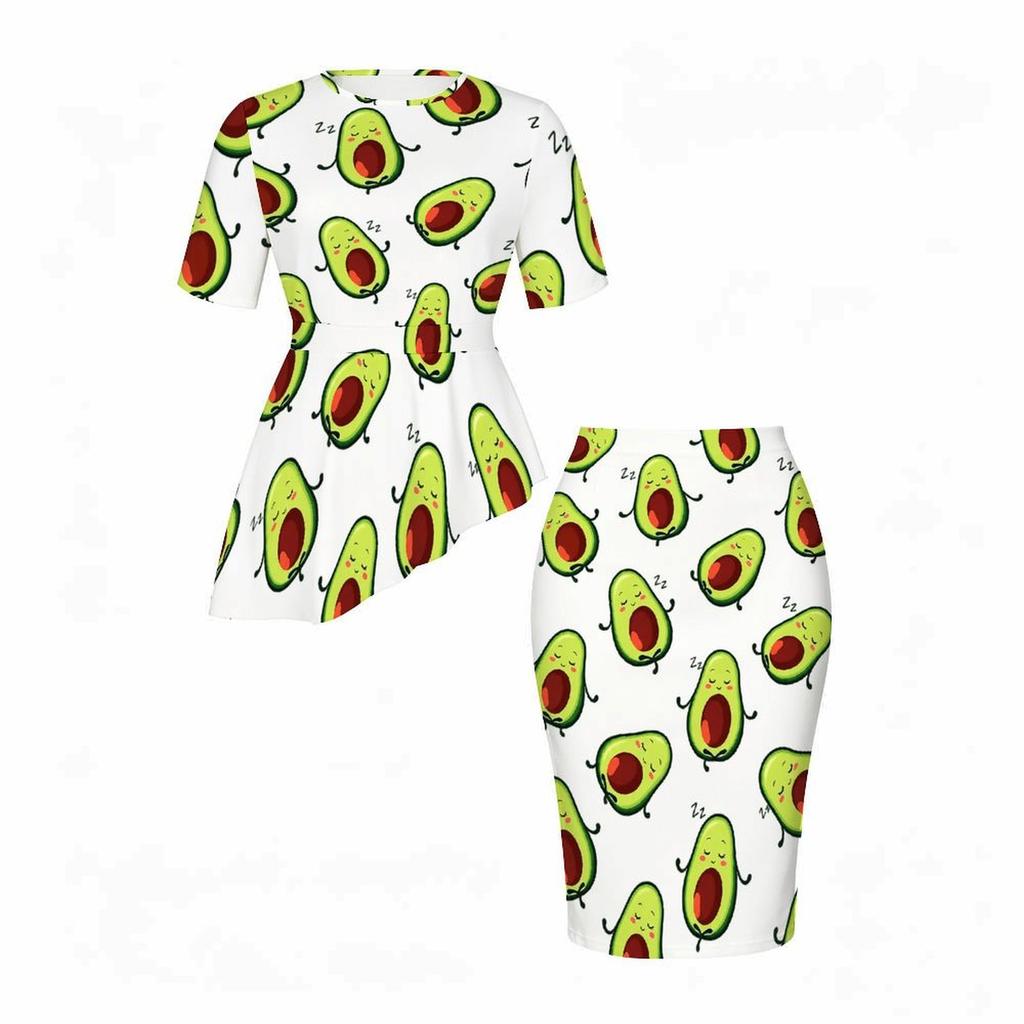 Women Plus Size Round Neck Short Sleeve Palm Tree Printed Gradient Asymmetric Top Fitted Skirt Two Piece Set
