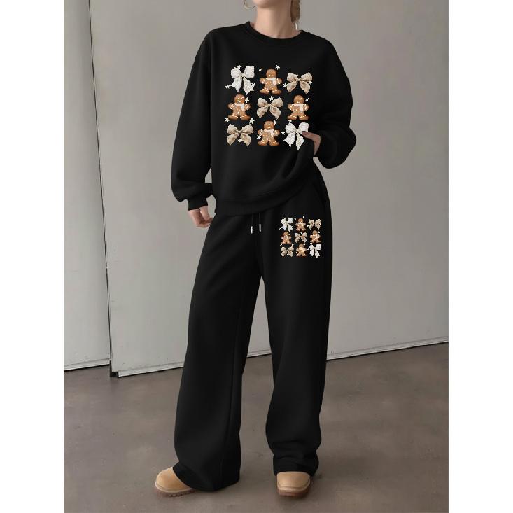 Women's Christmas Print Crewneck & Wide-Leg Pants Set, Soft Chic Long Sleeve Lounge & Athleisure 2-Piece Outfit for Fall Winter