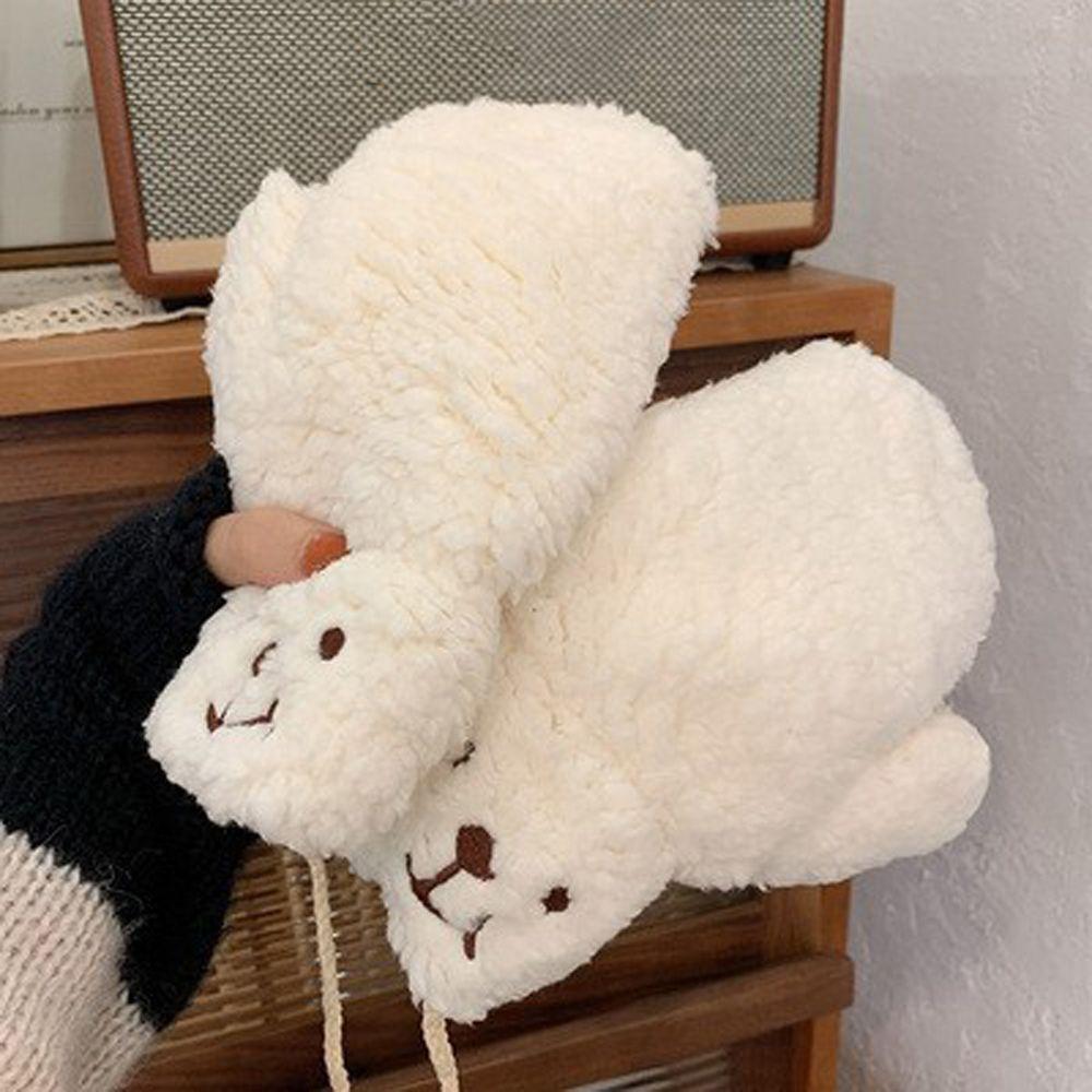 Cute Thicken Plush Windproof Full Fingers Bear Korean Mittens Hanging Gloves Women Winter Gloves