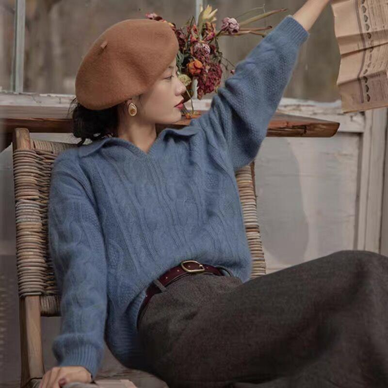 Retro Pullover Pullover Frauen Herbst und Winter koreanische lose und faule Wind weiche Milch V-Ausschnitt Pullover Pullover Top