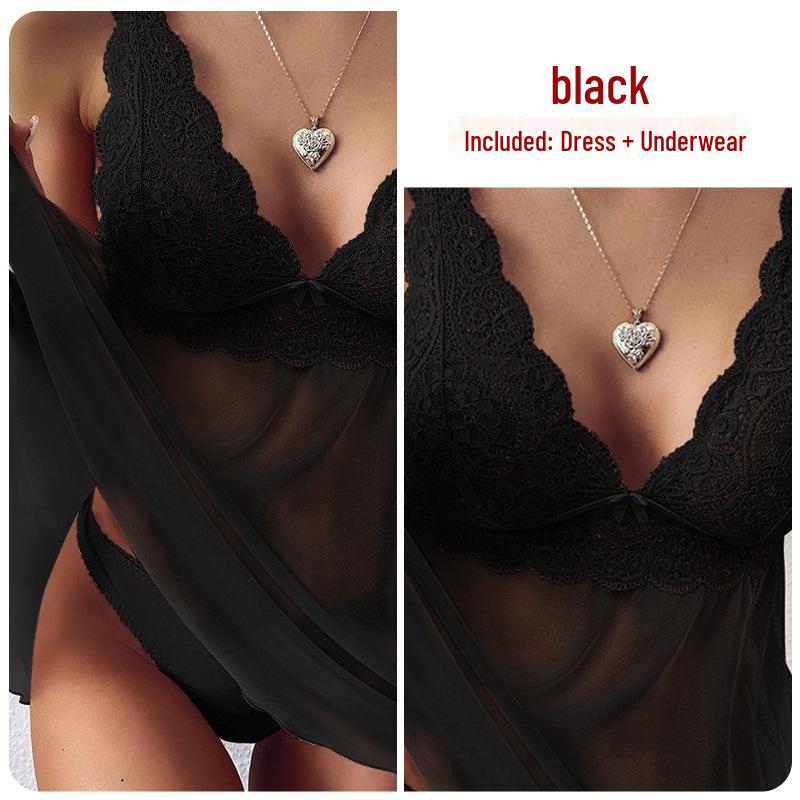 

Женская сексуальная ночная сорочка на бретельках с кружевом и V-образным вырезом XXL чёрный
