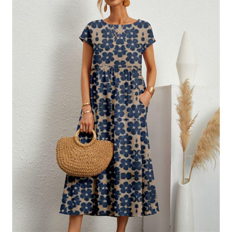

Loose Sleeveless round Neck Printed Dress Loose Sleeveless round Neck Dress Blue flower S