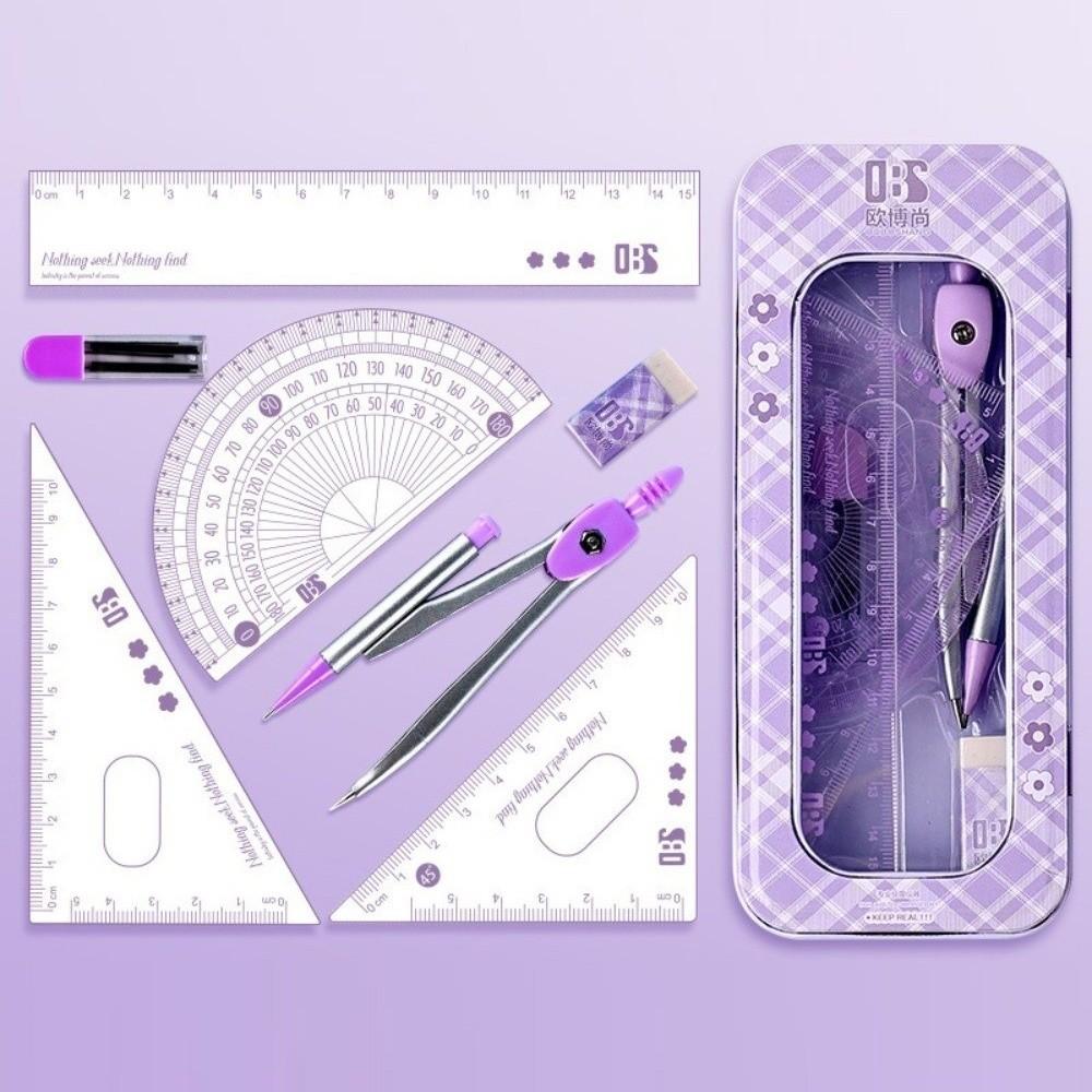 8PCS Eraser Protractor Plastic Triangle Ruler Portable Ruler Compasses Set  School Office
