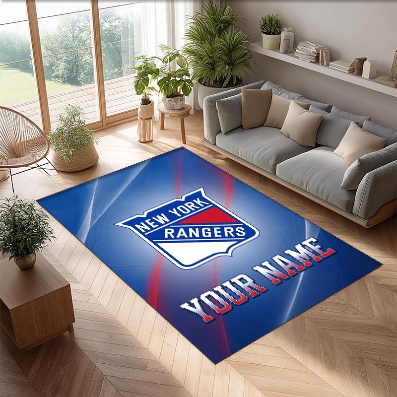 New York Rangers Crystal Velvet Rug, Custom Name Text Personalized Non‑Slip Floor Mat for Home Decor Gift