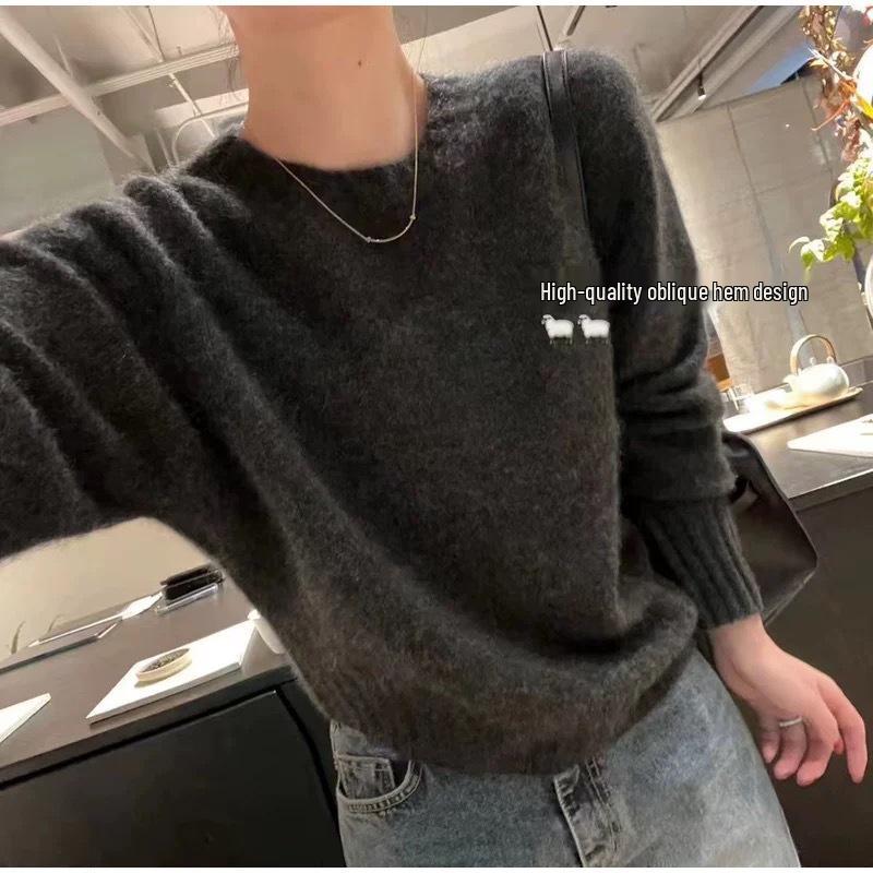 Women's Solid Color Cashmere Knit Sweater - Round Neck, Drop Shoulder, Loose Fit, Versatile Korean Style