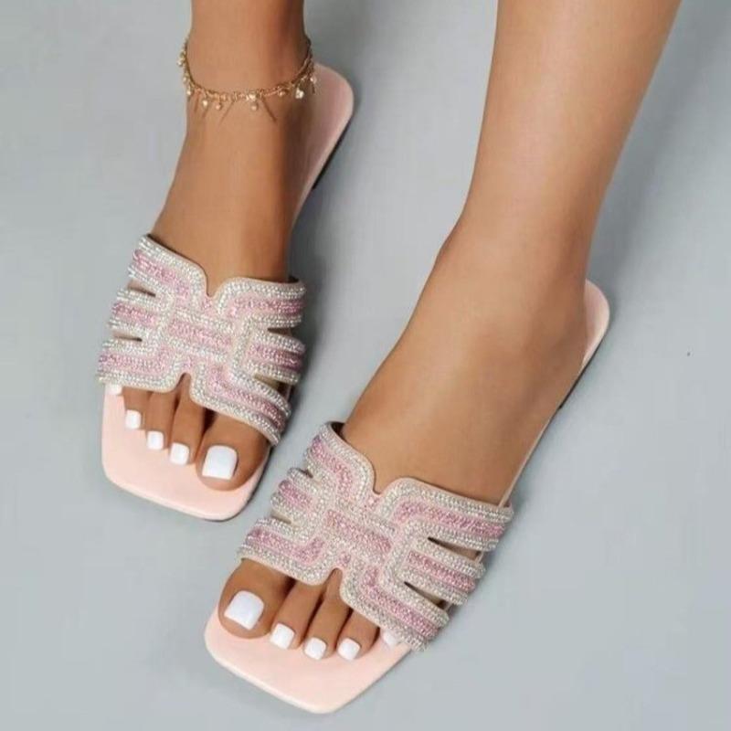 Summer Women Slippers  Outdoor Rhinestone Slippers Fashion Non-Slip Beach Shoes Comfortable Square Heel Sandals Slides Women
