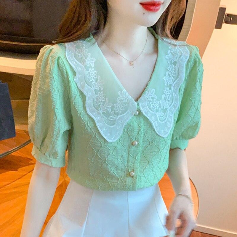 Embroidered Peter Pan Collar Chiffon Shirt Women Short Sleeve Solid Summer Blouses Tops Lady Korean Vintage Elegant Blouse 25405