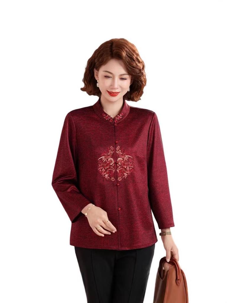 2026 Festive Tang Suit Shirt: Nine-Point Sleeve Chinese Style for Middle-Aged & Elderly Women