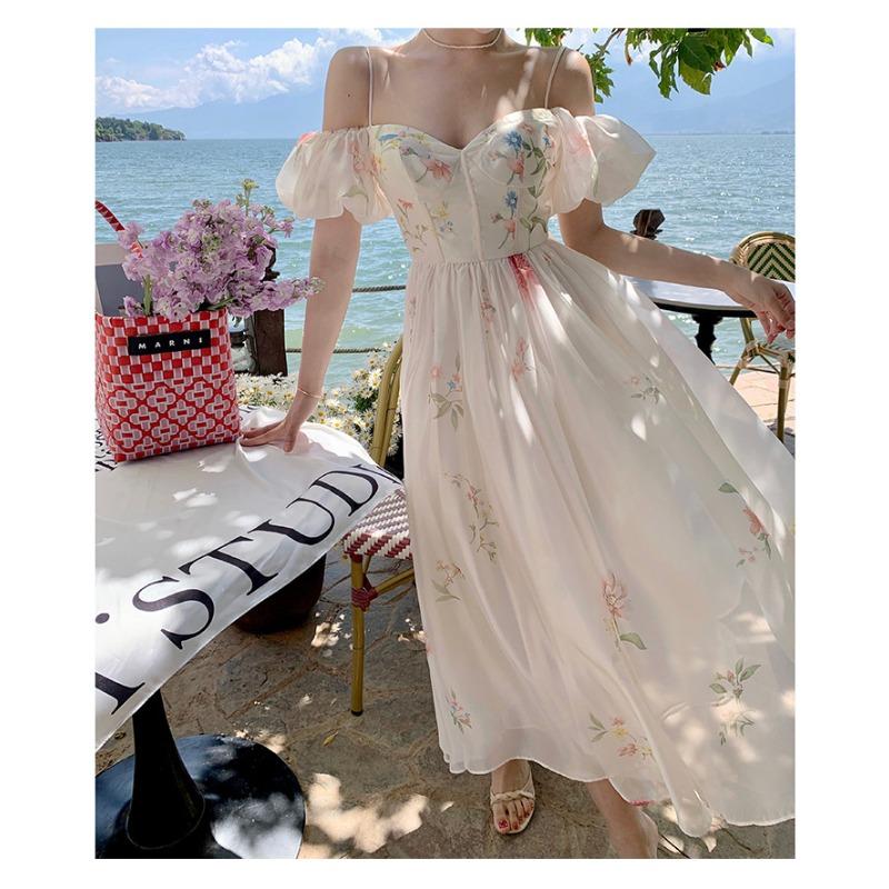 

YYFS Женская мода Лето Весна Цветочный узор Принт Короткие рукава V-образный вырез Высокая талия Повседневные платья L