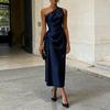 Rochie de Bal Satinată cu un Umăr pentru Femei, de Vară, Fără Mâneci, Rochie Midi pentru Petrecere Cocktail, Rochie Bodycon Drapată pentru Petrecere de Seară/Nuntă