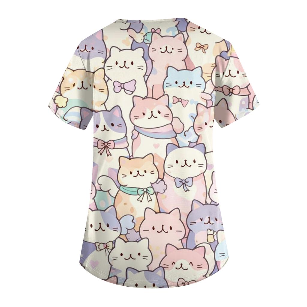 Women's Casual Short-Sleeve Cute Animal Print V-Neck Pocket Workwear Top