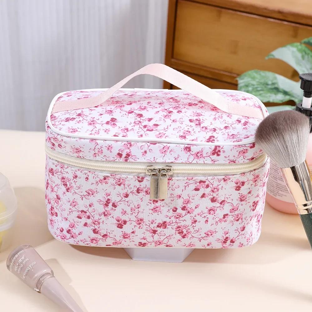 Women Cotton Makeup Bags Vintage Cosmetic Case Flower Large Capacity Tote Portable Cosmetic Storage Handbag Travel Organizer Bag