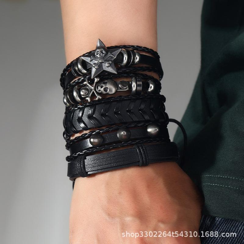 Hot Sale 5-piece Punk Style Handwoven Retro Fashion Big Pentagram Skull Alloy Accessory Leather