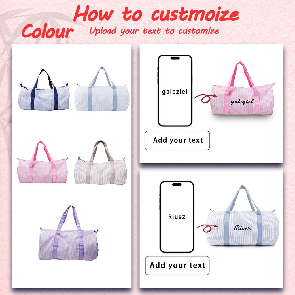 Personalized Duffel Bag, Seersucker Duffle Bag With Name, Travel Bag Custom Bag Small Sports Gym Ballet Bag