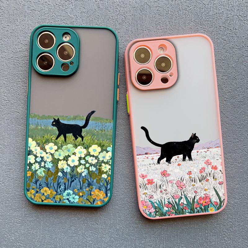 Black Cat Landscape Phone Case For iPhone 16 17 Pro Max 15 14 Pro Max Plus 13 12 Mini 11 Pro Max Cartoon Shockproof Back Covers