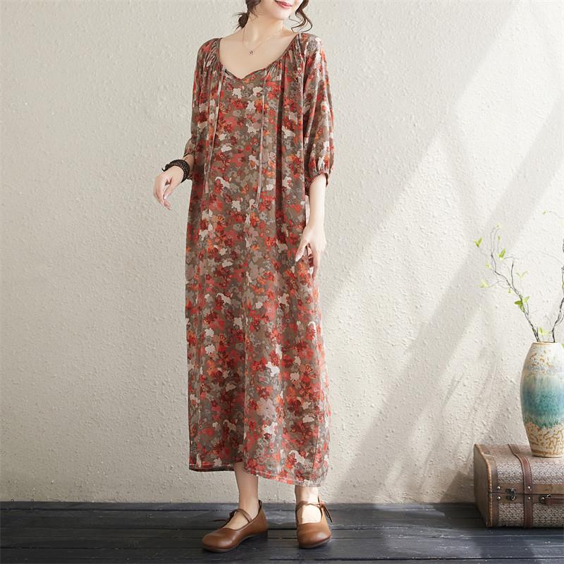 Krátký rukáv Plus size Bavlněné vintage květinové nové šaty pro ženy ležérní volné dlouhé letní šaty