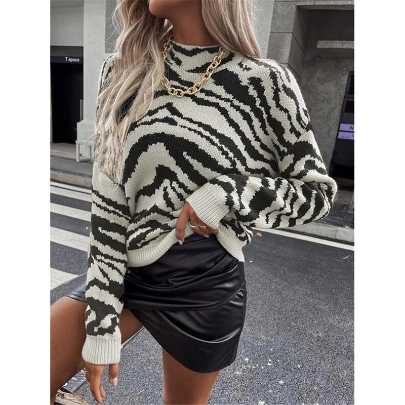Casual Loose Knitted Zebra Striped Pullovers Sweaters for Autumn/Winter Women's Sweater New O-neck Full Sleeve Pullover