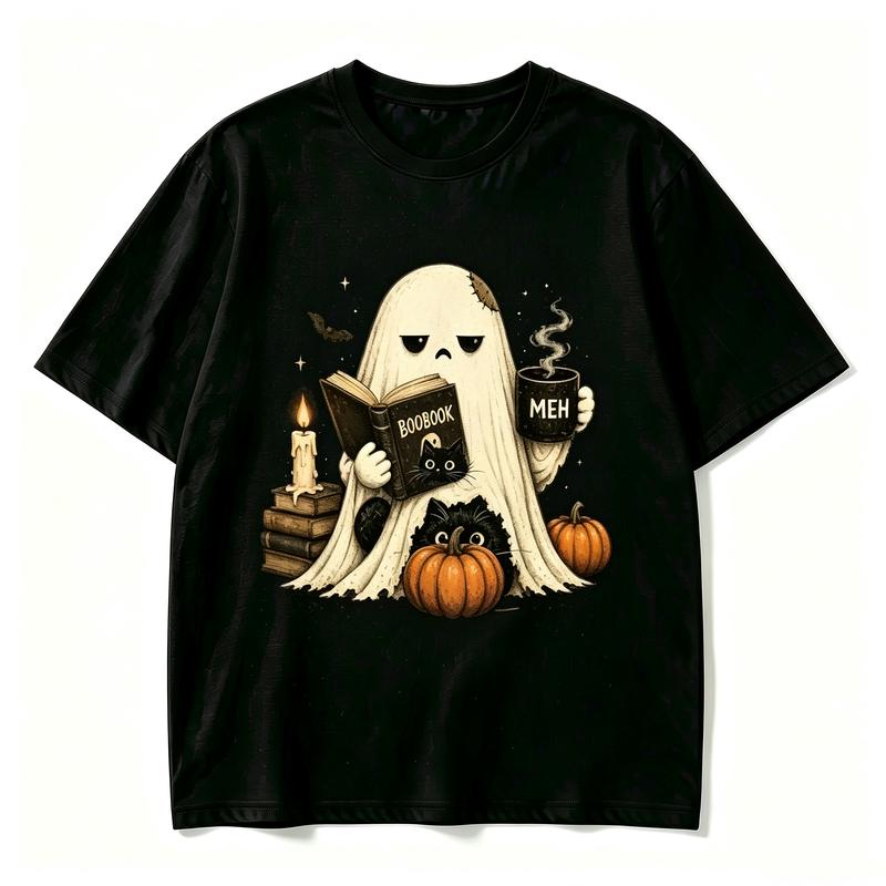 Unisex Halloween Ghost Holding Black Cat Coffee Cup T Shirt Retro Circle Spider Web Graphic Casual Cotton Tee Tops Harajuku