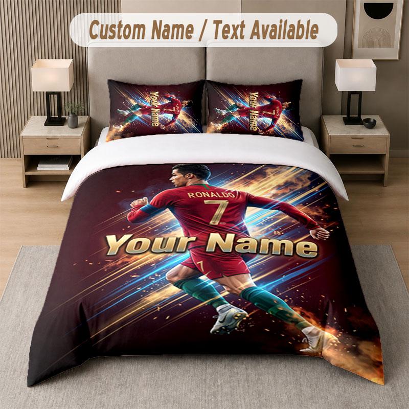 Set Biancheria da Letto Personalizzato Modello Cristiano Ronaldo, Stampa Nome Testo 1 Copripiumino più 2 Federe Tessile per la Casa