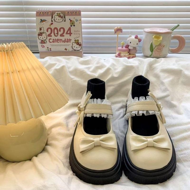 College style solid color bow spring new round head cute single shoes student small leather shoes