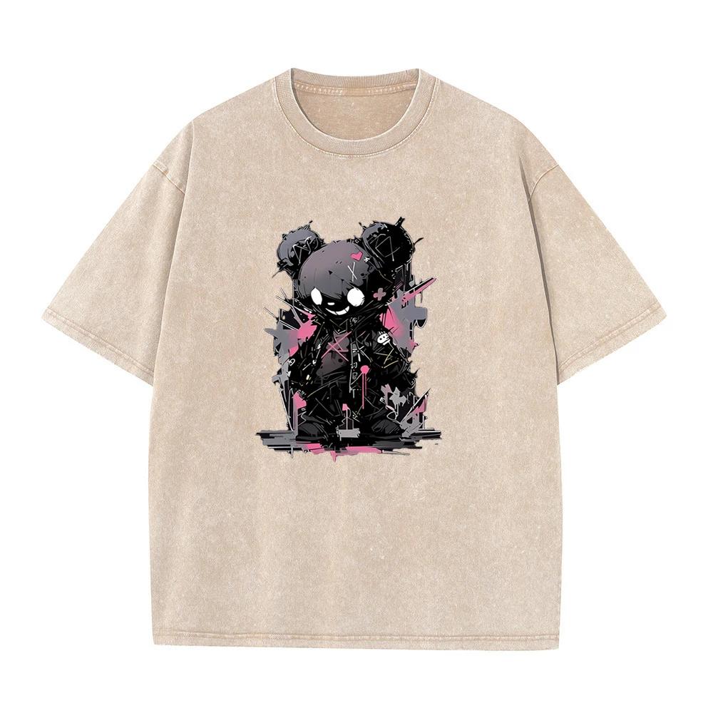 New Vintage WashedCottonTShirt MenWomenGothic Punk BlackBearGraphicTees StreetwearHarajuku Casual OversizedShort SleeveTops