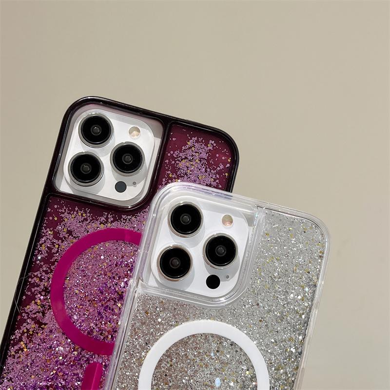 Quicksand Magnetic Magnets Case for iPhone 14 13 Pro Max 16 15 Glitter Powder Flakes Phone Cover Hard Conque Liquid Shell