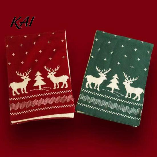 Decorative Festive Winter Scarf Knitted for Women, Reversible Fair Isle Snowflake Reindeer Thermal Wind Resistant Scarf, Soft Warm Long Wrap Christmas