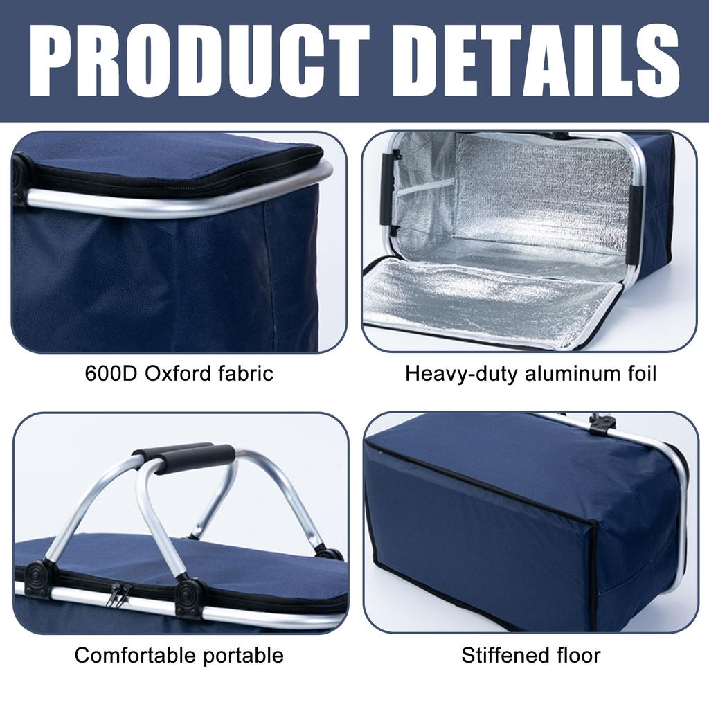 Insulated Folding Picnic Basket 30L Large Capacity with Padded Handles Portable Bag for Outdoor Travel/Camping/Shopping