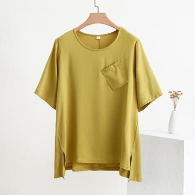 Women's Floral Cotton Silk Round Neck Short Sleeve Loose T-Shirt with Pocket