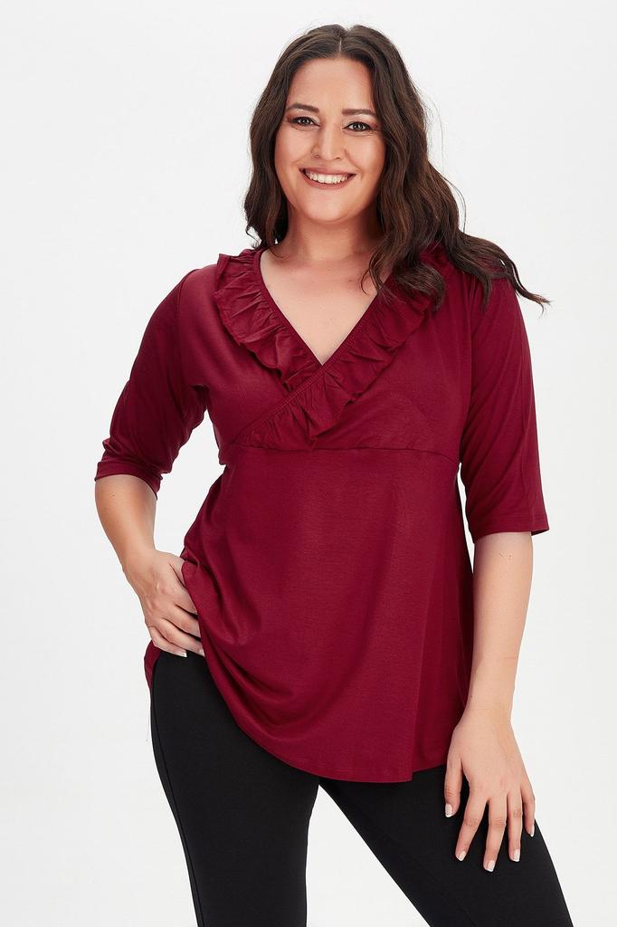 Damen Bluse in Übergröße Schwarz Übergröße Zweireihig Rüschenkragen Dreiviertelarm Bluse