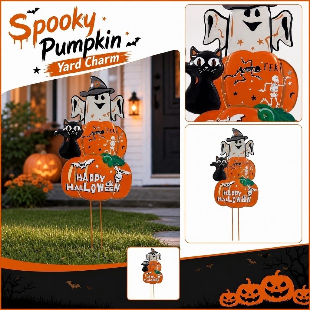 Metal Halloween Pumpkin Yard Stake Outdoor Lawn Decoration Ghost Cat Skeleton Bat Design Halloween Garden Ornament