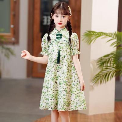 Kız Çocuk Yazlık Çiçekli Cheongsam Prenses Elbise - Çin Hanfu Tarzı