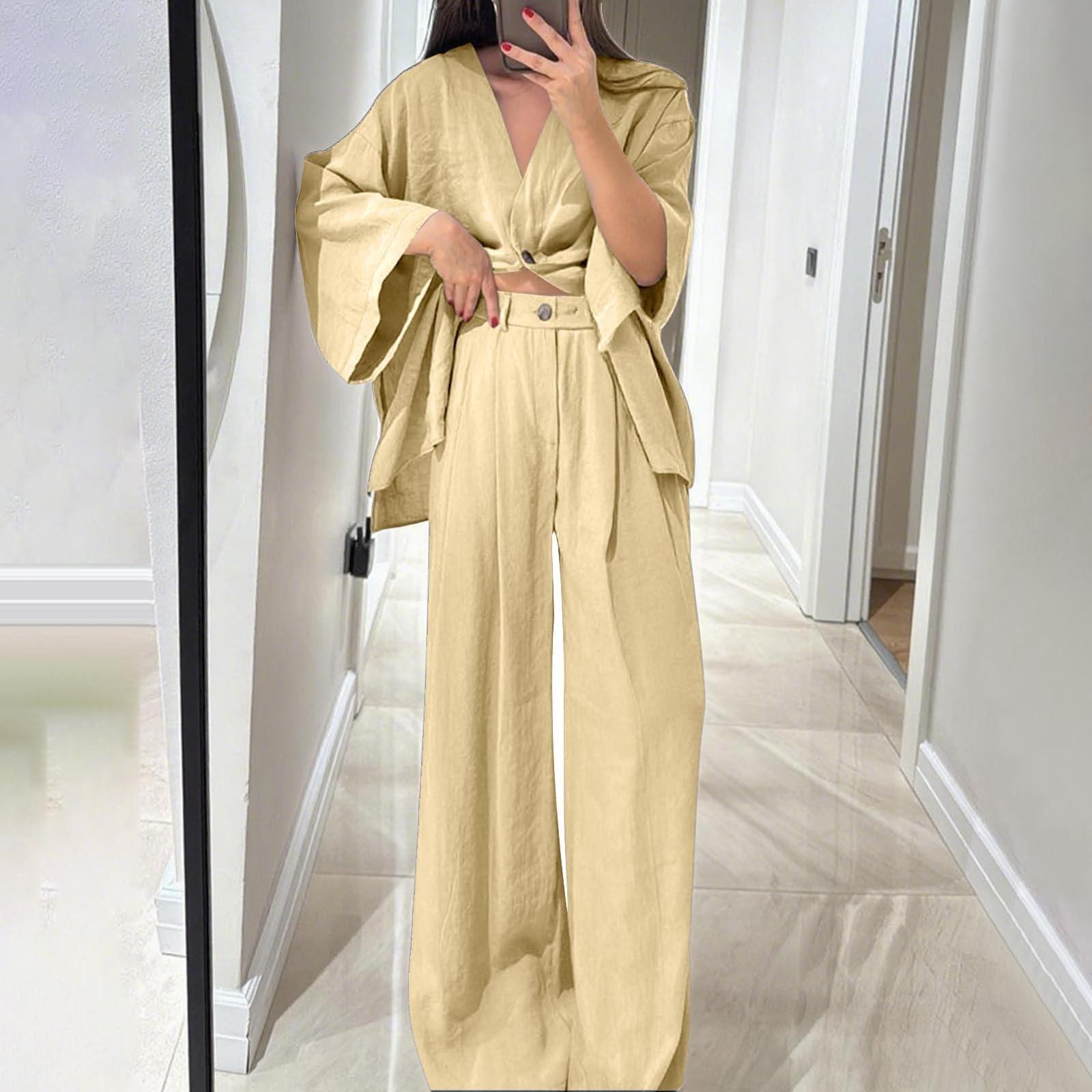 

Two Piece Outfits For Women V Neck Button Down Shirt Top And Wide Leg Pants Set Loose Sweatsuits L бежевий