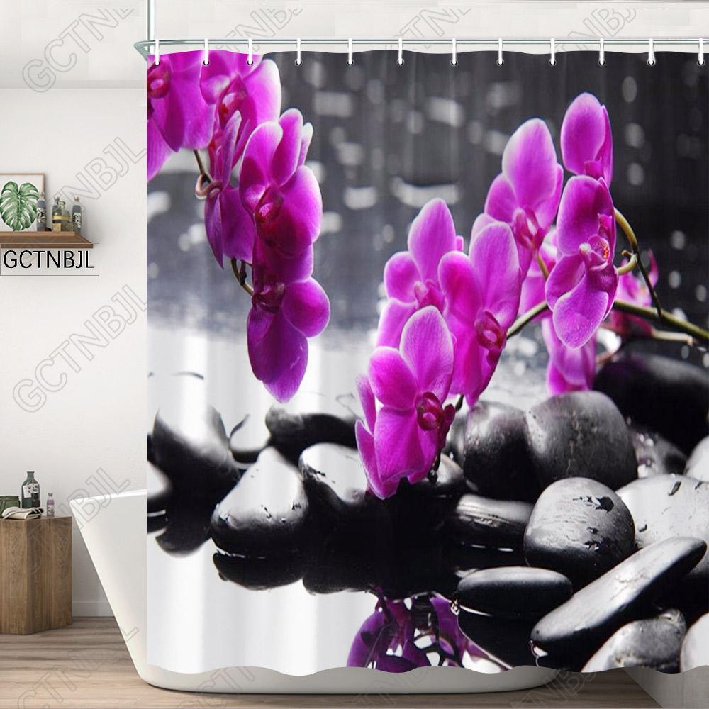 Zen Duschvorhang, Spa Dekor Steinturm Lotus Lila Orchideenblüte Und Bambus, Stoff Badezimmer Dekorationsset Mit Haken Schwarz W60H190(CM)-1 Pcs