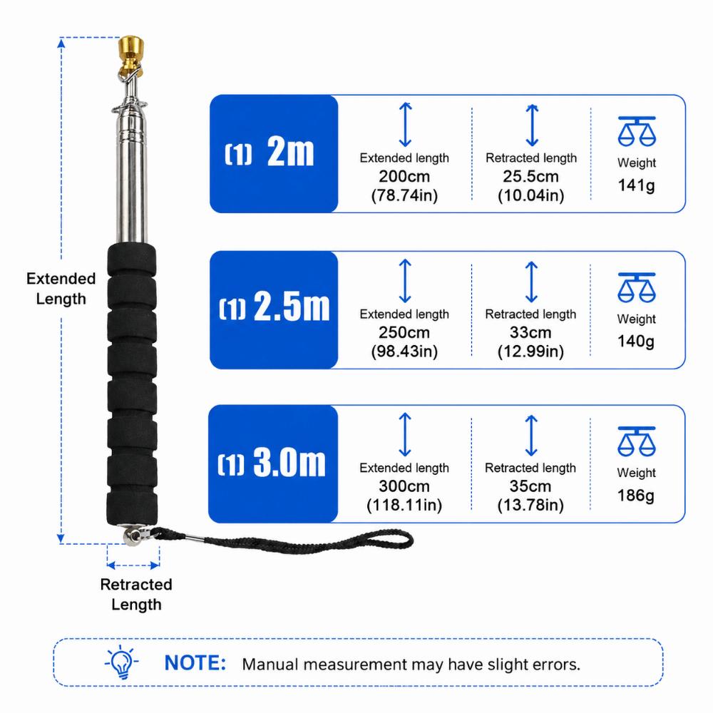 200/250/300cm Telescopic Flagpole Anti-slip EVA Handle Stainless Steel Tour Guide Flag Stick Handheld Waving Flagpole
