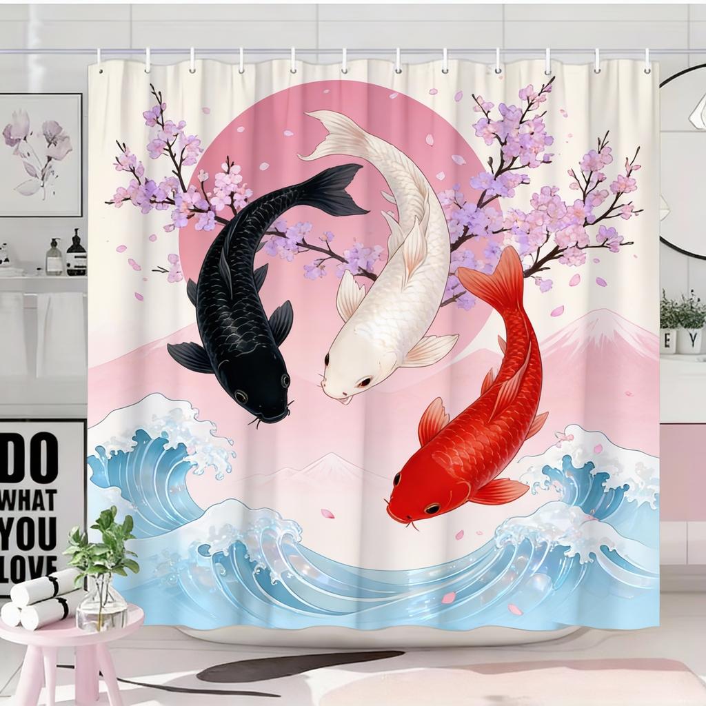1pc Japanese Ukiyoe Koi Shower Curtain, Cherry Blossom, Red Sun, Snow Mountain Pattern, Easy to Hang, Fashionable Bathroom Decor