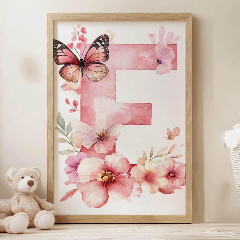 Plakat Kwiatowa Litera "E" Dla Małej Księżniczki Plakat Kwiatowa Litera "E" Dla Małej Księżniczki, 70X100 Cm, Rama Drewniana Jasny Dąb, Papier Matowy