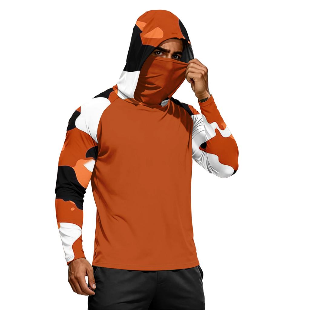 Men's Long Sleeve Hooded Shirt Camouflage Print Pullover Lightweight Athletic Top for Outdoor Activities