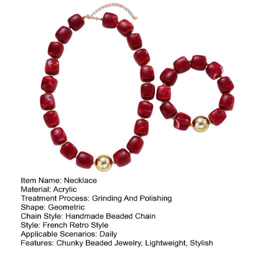 Chic Retro Style Jewelry Accessories 1 Set Red Beaded Bracelet Necklace, Acrylic Square Bead Choker Comfortable Lightweight Neck And Set, Chunky
