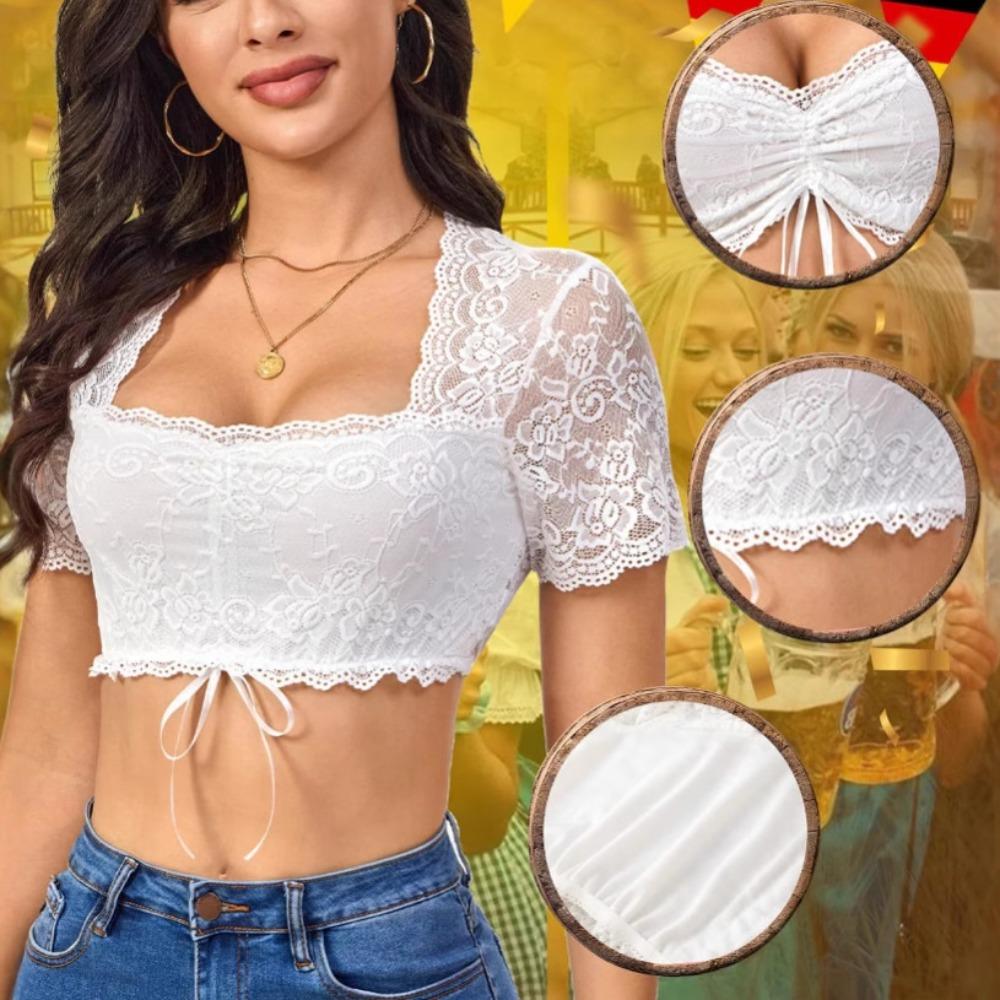 Damen V-Ausschnitt Kurzarm Crop Top Normale Passform Florale Spitze Bluse Kordelzug Vorne Dirndl Hemd Für Bayerisches Oktoberfest Festival Kostüm