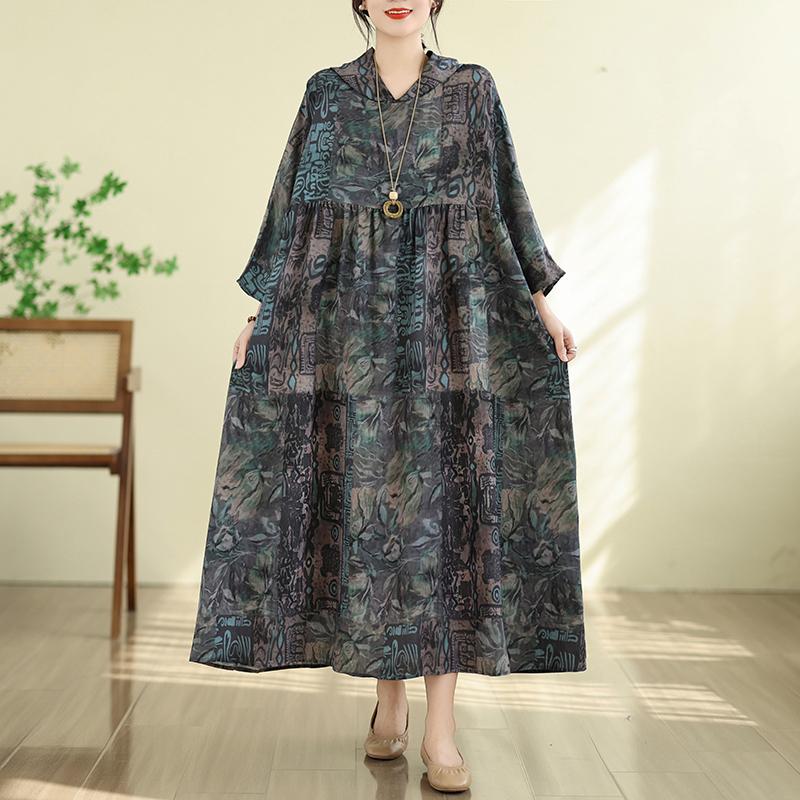 DIMANAF New 2026 Women Plus Size Summer Maxi Long Dress Cotton Hooded Loose Oversize Casual Lady Vintage Print Beach Sundress