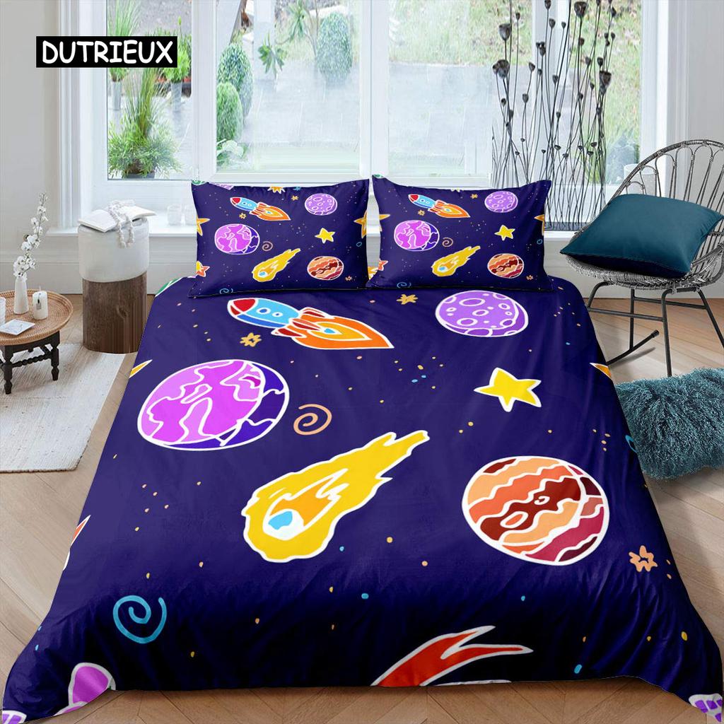 Zestaw poszwy na kołdrę Rocket Rozmiar King Zestaw pościeli Kosmiczny statek Podwójny Mikrofibra Kosmos Galaktyka Gwiazdy Planeta Kreskówkowy styl Poszwa na kołdrę