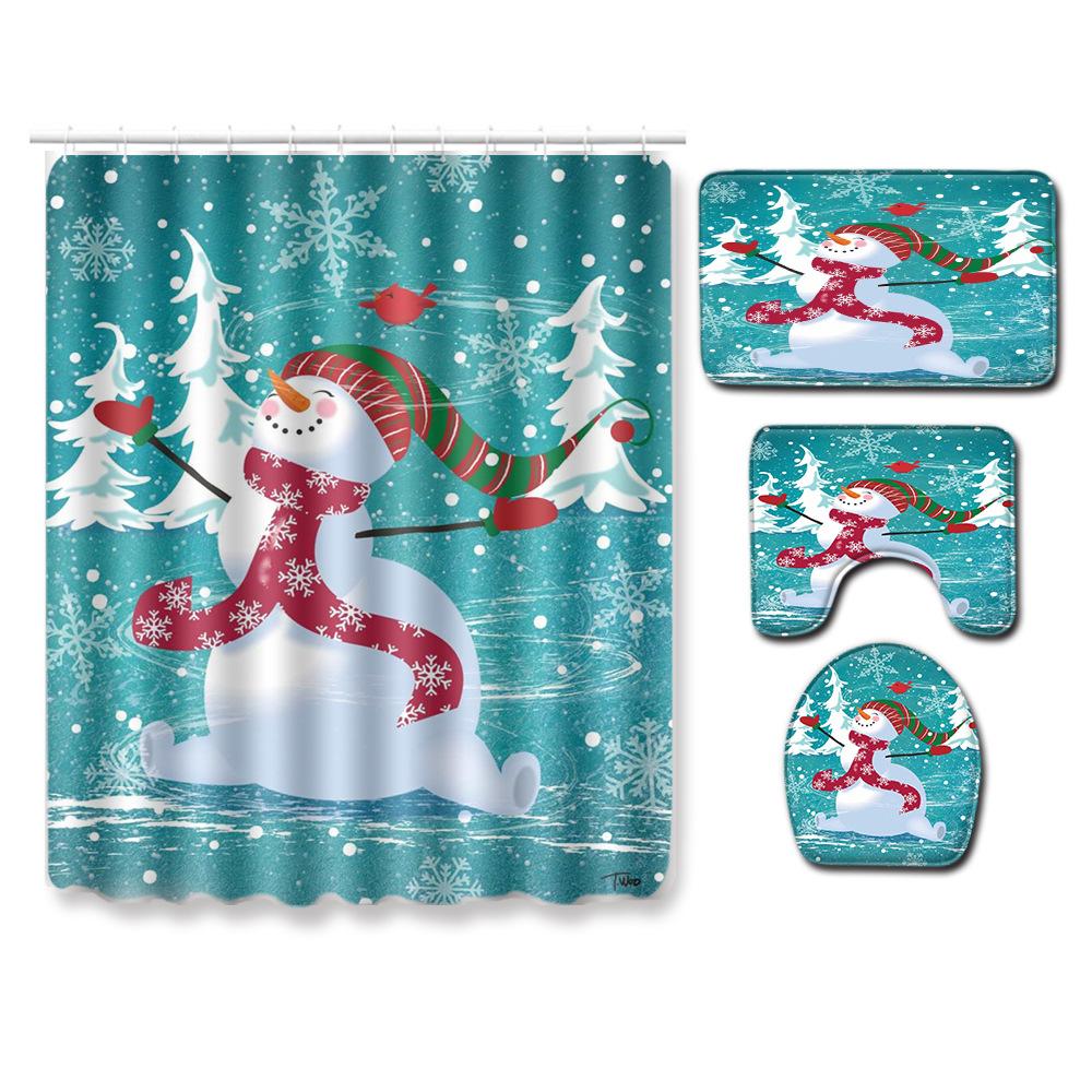 Christmas Shower Curtain Floor Mat Combination Four-Piece Set Bathroom Toilet Carpet Shower Room Mat Foot Mat