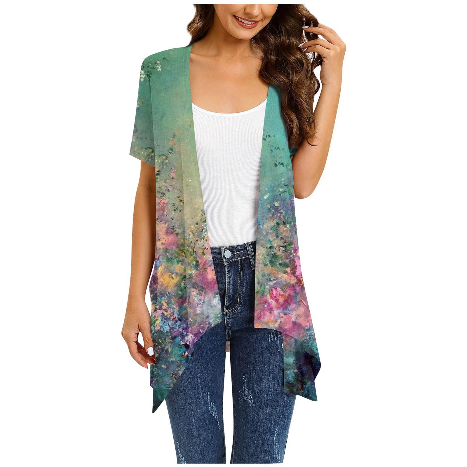 Women s Floral Print Irregular Short-sleeved Cardigan Jacket With Pockets XXL темно-зеленого